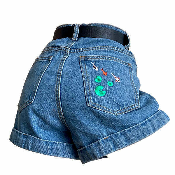 Trendy Koi Fish Embroidered Flared Denim Shorts with Rhinestone Fringe for Y2K Style