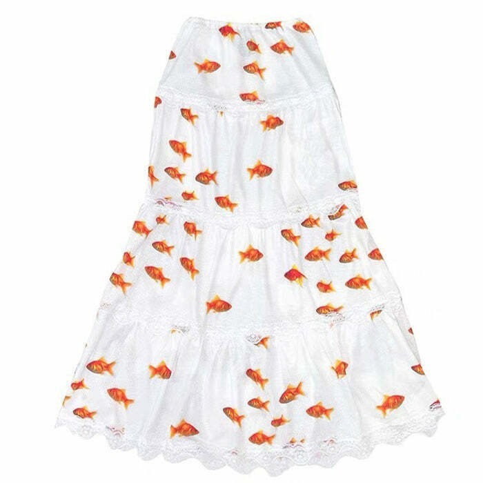 Trendy Koi Fish Maxi Skirt - Y2K Drawstring Cargo Style with Pleated Bubble Design