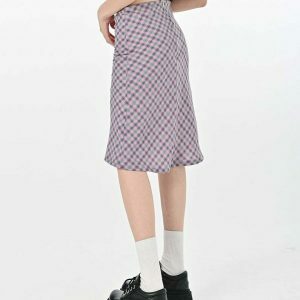 Trendy Lavender Plaid Midi Skirt with Drawstring Detail - Y2K Fashion Essential