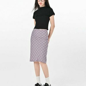 Trendy Lavender Plaid Midi Skirt with Drawstring Detail - Y2K Fashion Essential