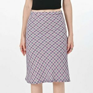 Trendy Lavender Plaid Midi Skirt with Drawstring Detail - Y2K Fashion Essential