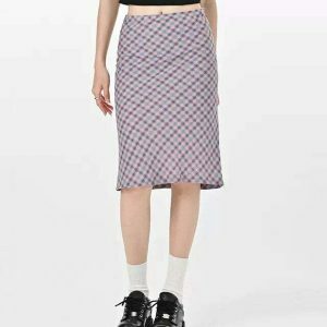 Trendy Lavender Plaid Midi Skirt with Drawstring Detail - Y2K Fashion Essential