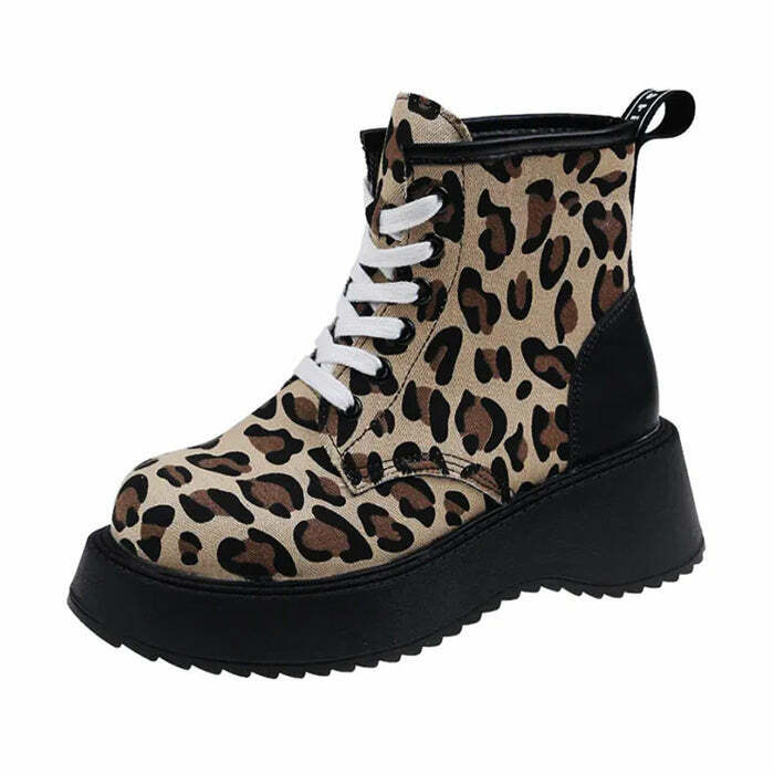 Trendy Leopard Lace-Up Boots with Split Toe Design for Stylish Y2K Fashion Lovers