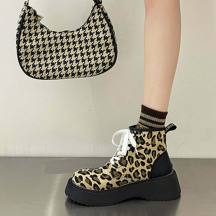 Trendy Leopard Lace-Up Boots with Split Toe Design for Stylish Y2K Fashion Lovers