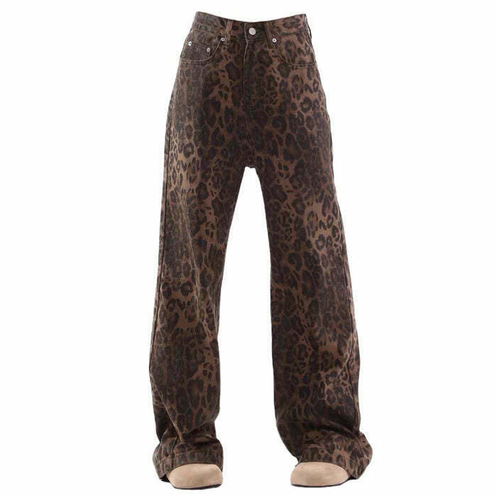 Trendy Leopard Wide Leg Jeans with Ripped Details - Y2K Fashion Staple for Stylish Looks