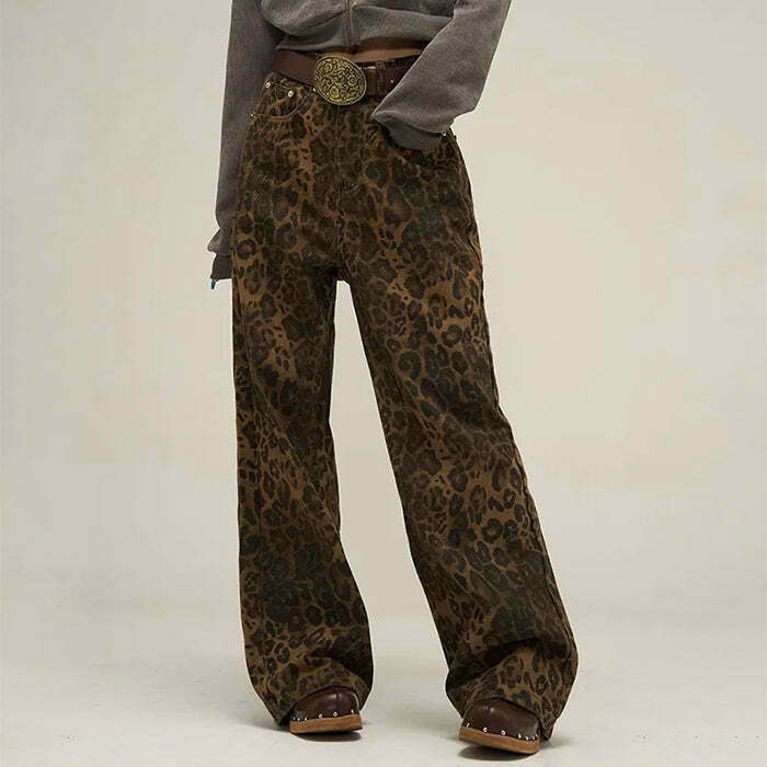 Trendy Leopard Wide Leg Jeans with Ripped Details - Y2K Fashion Staple for Stylish Looks