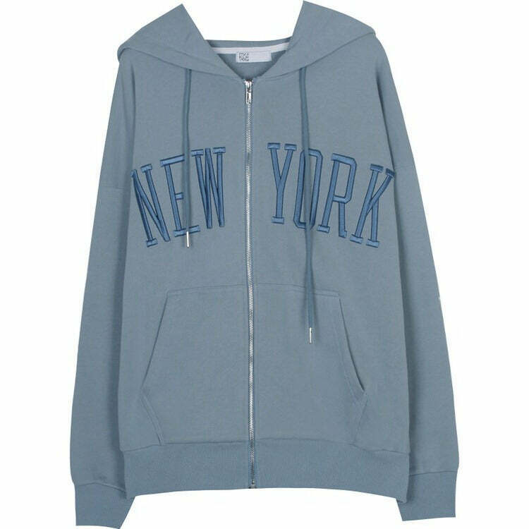 Trendy New York Embroidery Cropped Zip-Up Hoodie in Aesthetic Colors - Spider Design