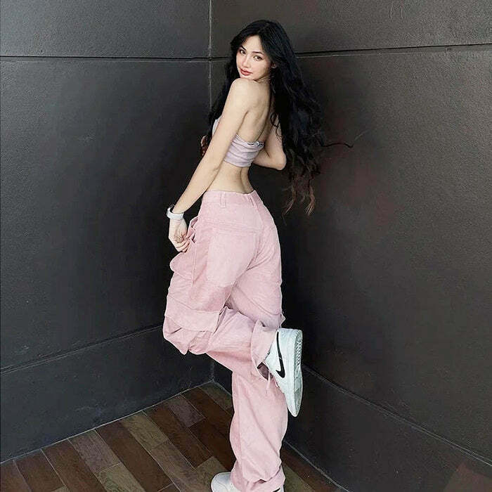 Trendy Pastel Pink Cargo Pants with Rivets - Y2K Style for Effortless Fashion Statements