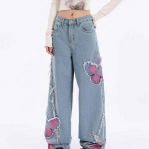 Trendy Pink Butterfly Wide Leg Jeans for a Chic Y2K Aesthetic - Perfect for Stylish Outfits