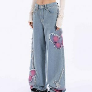 Trendy Pink Butterfly Wide Leg Jeans for a Chic Y2K Aesthetic - Perfect for Stylish Outfits