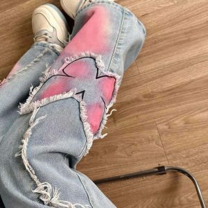 Trendy Pink Butterfly Wide Leg Jeans for a Chic Y2K Aesthetic - Perfect for Stylish Outfits