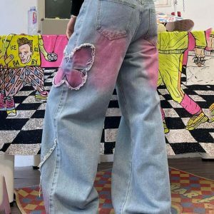 Trendy Pink Butterfly Wide Leg Jeans for a Chic Y2K Aesthetic - Perfect for Stylish Outfits