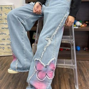 Trendy Pink Butterfly Wide Leg Jeans for a Chic Y2K Aesthetic - Perfect for Stylish Outfits