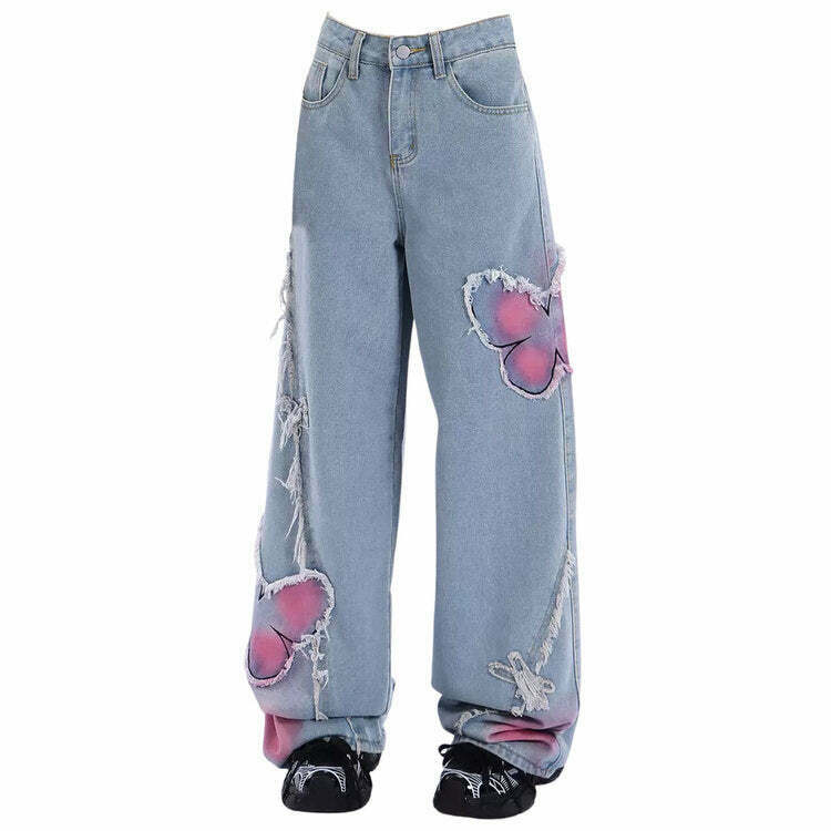 Trendy Pink Butterfly Wide Leg Jeans for a Chic Y2K Aesthetic - Perfect for Stylish Outfits