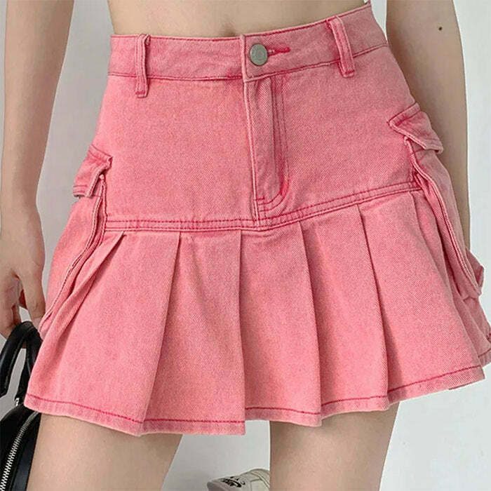 Trendy Pink Denim Cargo Mini Skirt with Drawstring - Y2K Style for Fashion Lovers