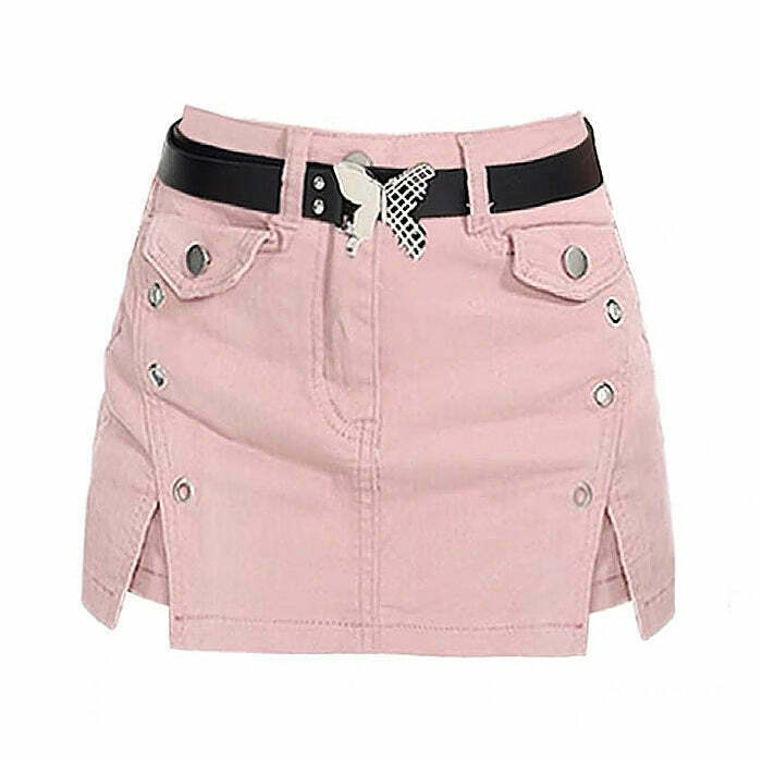 Trendy Pink Denim Skort with Butterfly Belt - Y2K Style for Effortless Fashion Flair