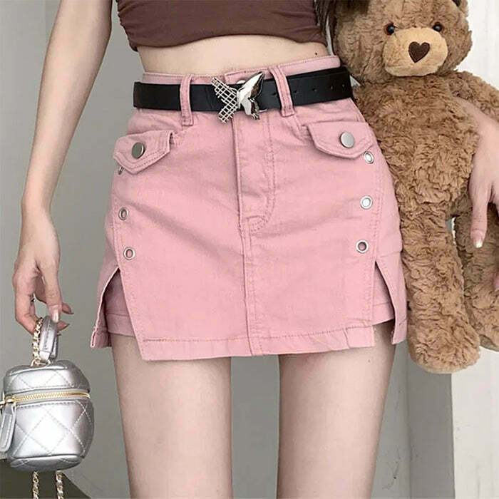 Trendy Pink Denim Skort with Butterfly Belt - Y2K Style for Effortless Fashion Flair