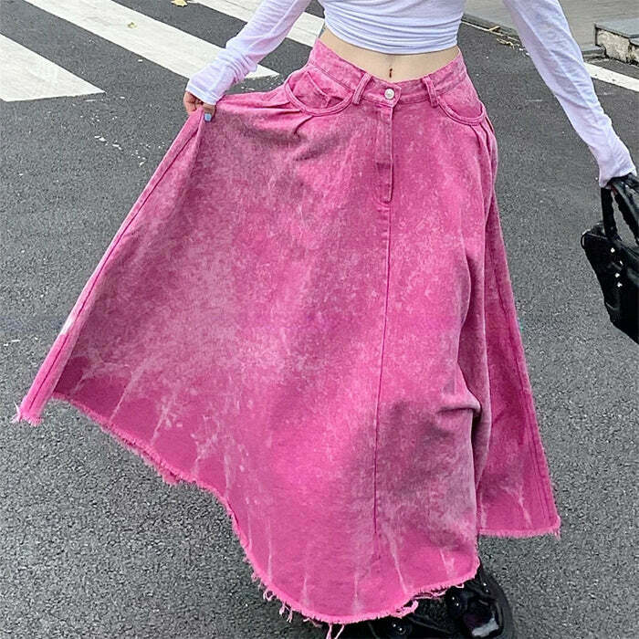 Trendy Pink Distressed Denim Maxi Skirt with Drawstring - Y2K Fashion Essential