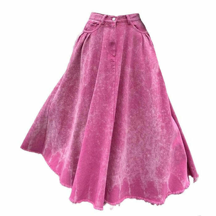 Trendy Pink Distressed Denim Maxi Skirt with Drawstring - Y2K Fashion Essential