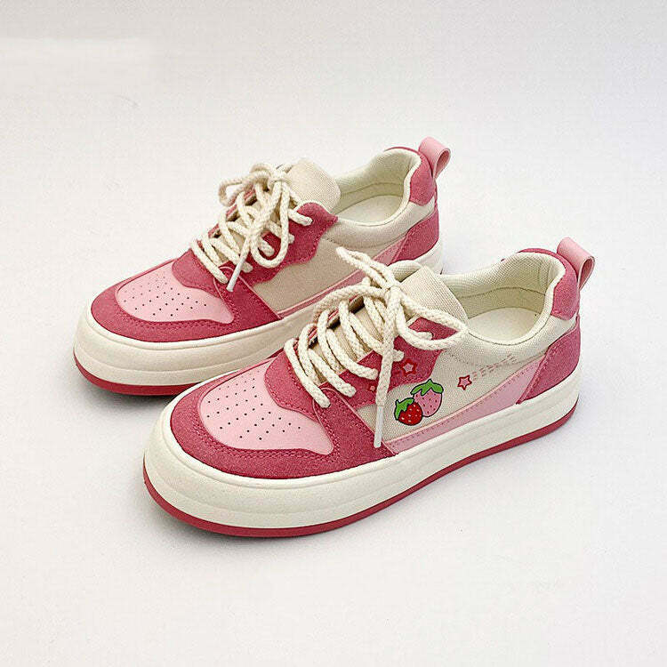 Trendy Pink Strawberry Sneakers with Heart Design - Stylish Y2K-Inspired Footwear