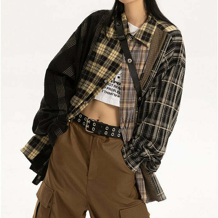 Trendy Plaid Oversized Shirt - Vintage Flannel Style for Aesthetic Fashion Lovers