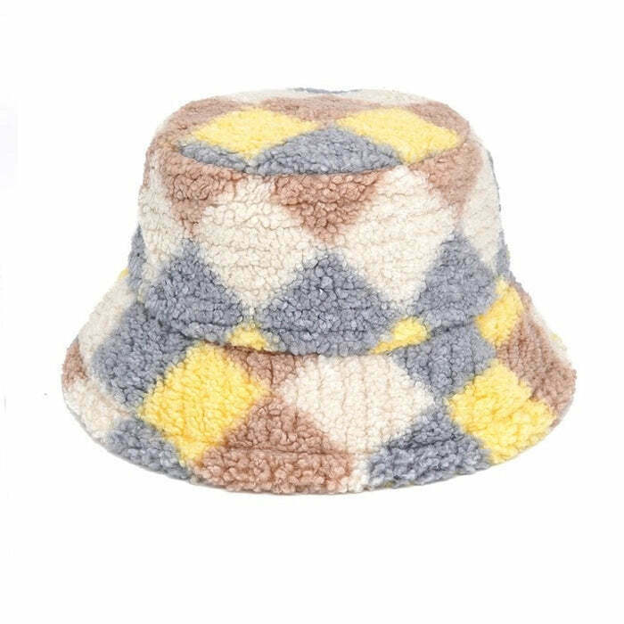 Trendy Preppy Argyle Fuzzy Bucket Hat - Y2K Fashion Must-Have for Stylish Outfits