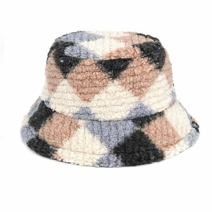 Trendy Preppy Argyle Fuzzy Bucket Hat - Y2K Fashion Must-Have for Stylish Outfits