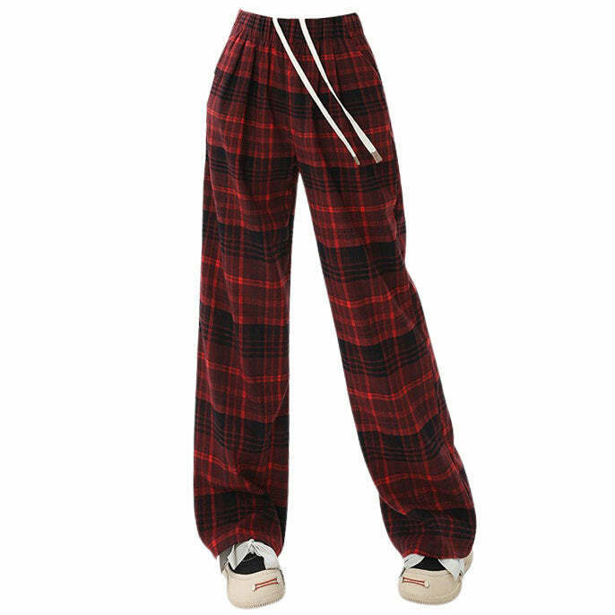 Trendy Red Grunge Plaid Pants for Y2K Style Lovers - Comfortable and Chic Design