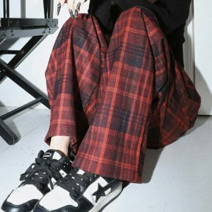 Trendy Red Grunge Plaid Pants for Y2K Style Lovers - Comfortable and Chic Design