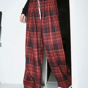 Trendy Red Grunge Plaid Pants for Y2K Style Lovers - Comfortable and Chic Design