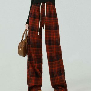 Trendy Red Grunge Plaid Pants for Y2K Style Lovers - Comfortable and Chic Design