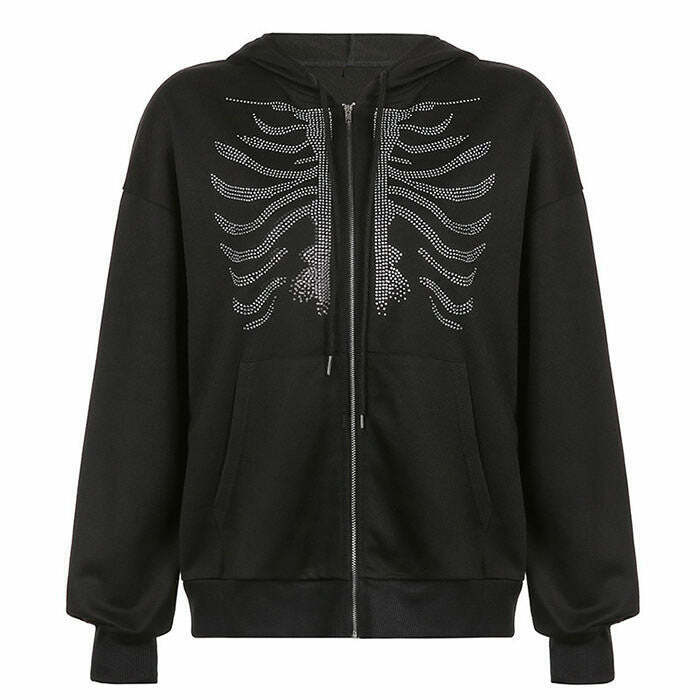 Trendy Rhinestone Skeleton Hoodie in Black, Blue, Green & More - Aesthetic Zip-Up Style