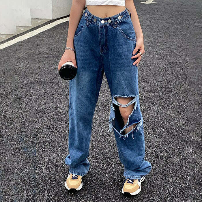 Trendy Ripped Baggy Jeans for Y2K Style Lovers - Low Rise, Comfortable Fit, and Chic Design