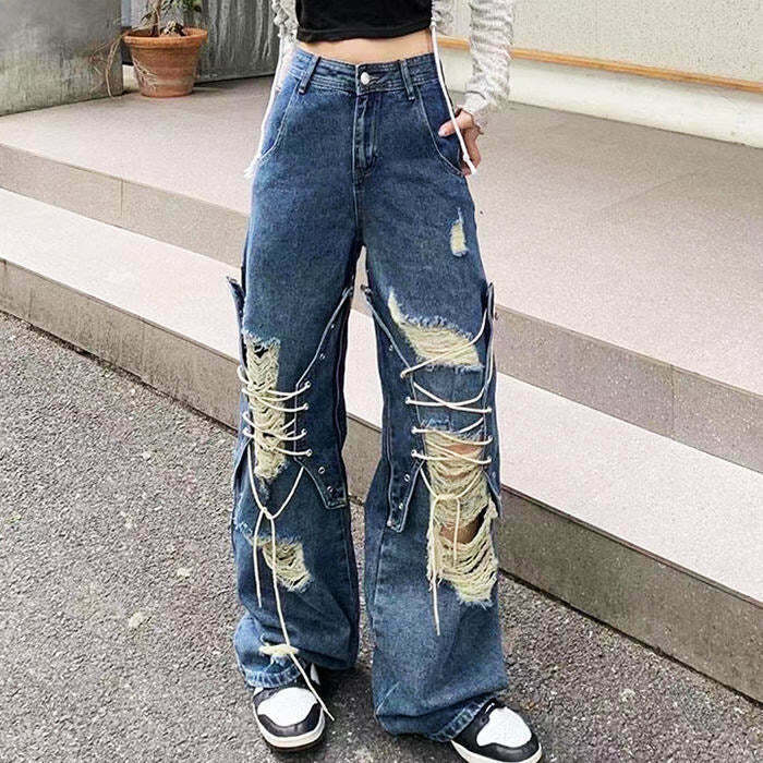 Trendy Ripped Lace Up Baggy Jeans for Y2K Style - Low Rise, Stacked Ripped Design