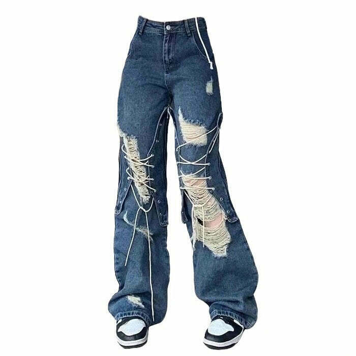 Trendy Ripped Lace Up Baggy Jeans for Y2K Style - Low Rise, Stacked Ripped Design