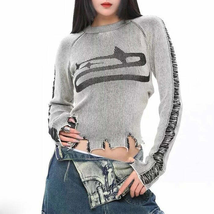 Trendy Ripped Long Sleeve Star Top - Grunge Gothic Bell Sleeve for Y2K Fashion Lovers