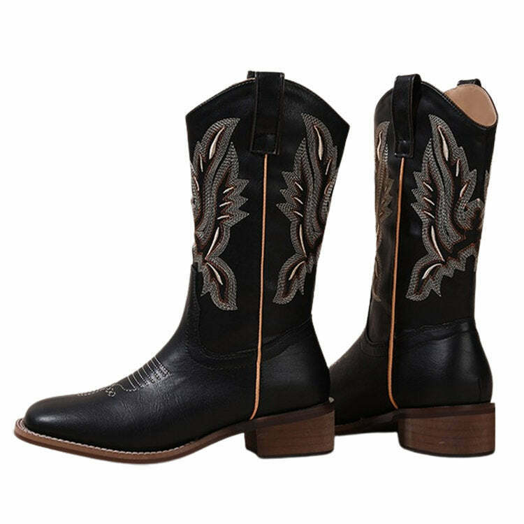 Trendy Road To Rideout Embroidery Cowboy Boots - Black & White Platform Tabi Style