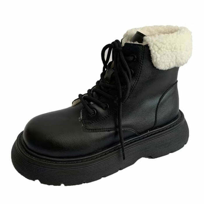 Trendy Sheepskin Ankle Boots with Split Toe Design - Cozy Emo Combat Style Footwear