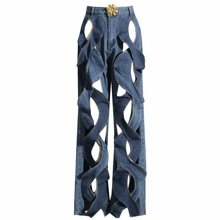 Trendy Showgirl Hollow Out Criss Cross Jeans - Y2K Style with Ripped Details and Buckles