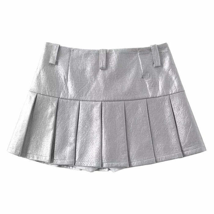 Trendy Silver Pleated Mini Skirt with Drawstring Detail - Y2K Fashion Essential