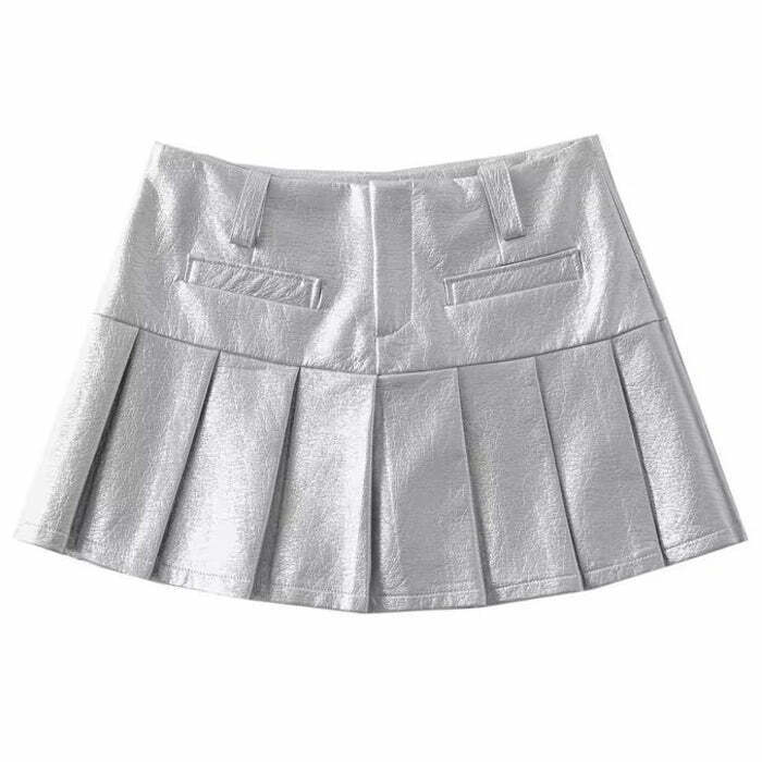 Trendy Silver Pleated Mini Skirt with Drawstring Detail - Y2K Fashion Essential