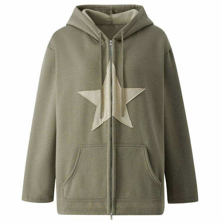 Trendy Skater Girl Star Hoodie - Cozy Cropped Zip-Up in Green Spider Design for Y2K Style