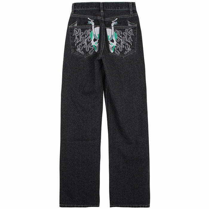 Trendy Skeleton Embroidery Jeans for Y2K Style - Stacked Ripped Baggy Design