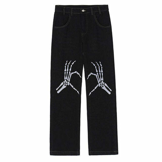 Trendy Skeleton Hands Embroidery Jeans - Y2K Stacked Ripped Baggy Style for Men