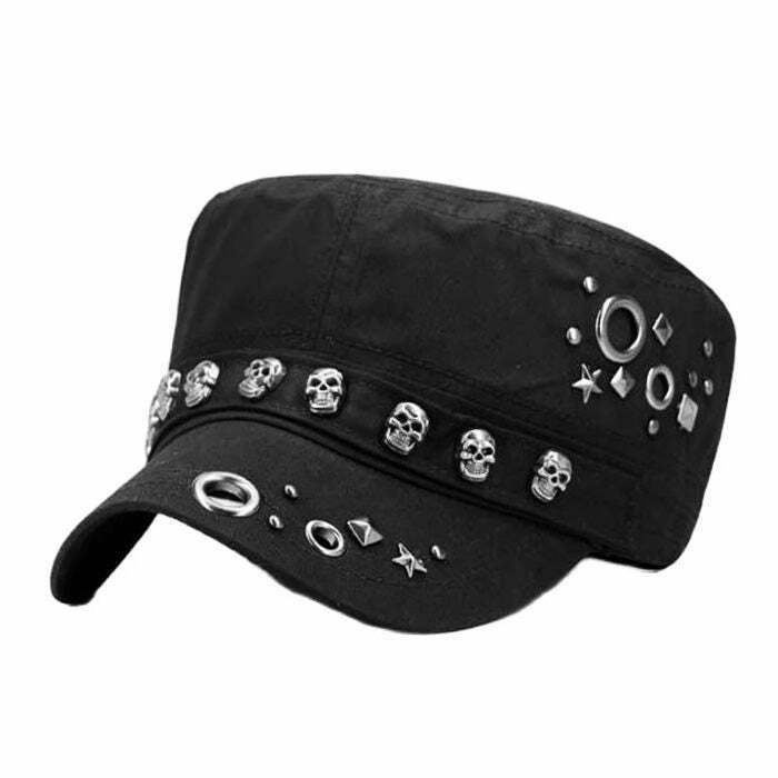 Trendy Skull Rivet Cap with Edgy Design for Y2K Fashion Enthusiasts