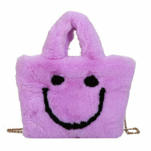 Trendy Smiley Face Fuzzy Handbag - Soft, Stylish Accessory for Y2K Fashion Lovers