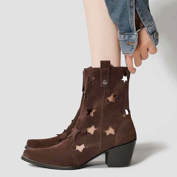 Trendy Star Cut Out Cowboy Boots - Black and White Platform Style with Soft Ankle Design