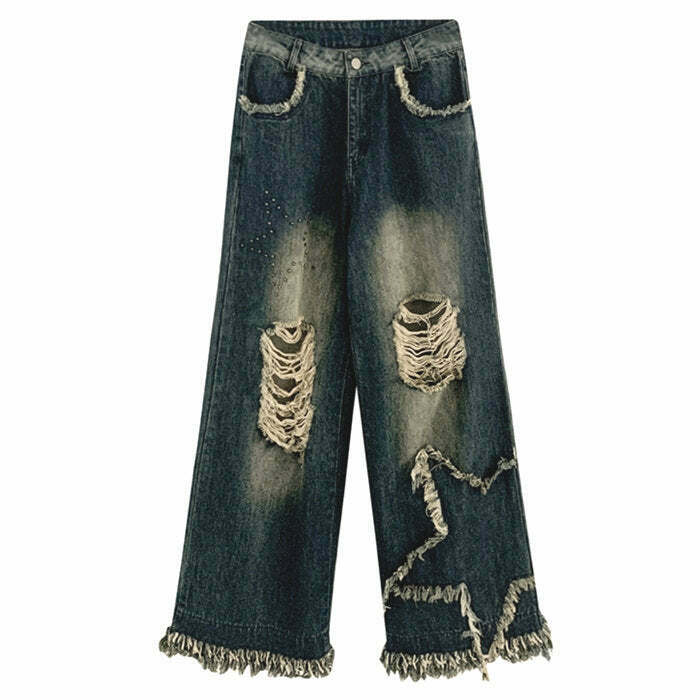 Trendy Star Patch Destroyed Jeans - Y2K Low Rise Baggy Style with Ripped Details