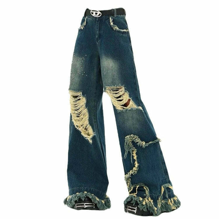 Trendy Star Patch Destroyed Jeans - Y2K Low Rise Baggy Style with Ripped Details