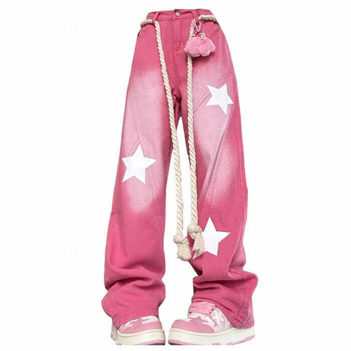 Trendy Star Print Y2K Pink Jeans for a Stylish Aesthetic - Perfect for Fashion Lovers